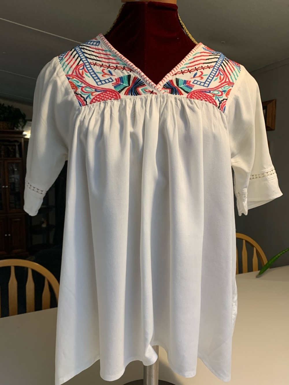 Casual Collections Embroidered V-Neck White Women’s Peasant Top